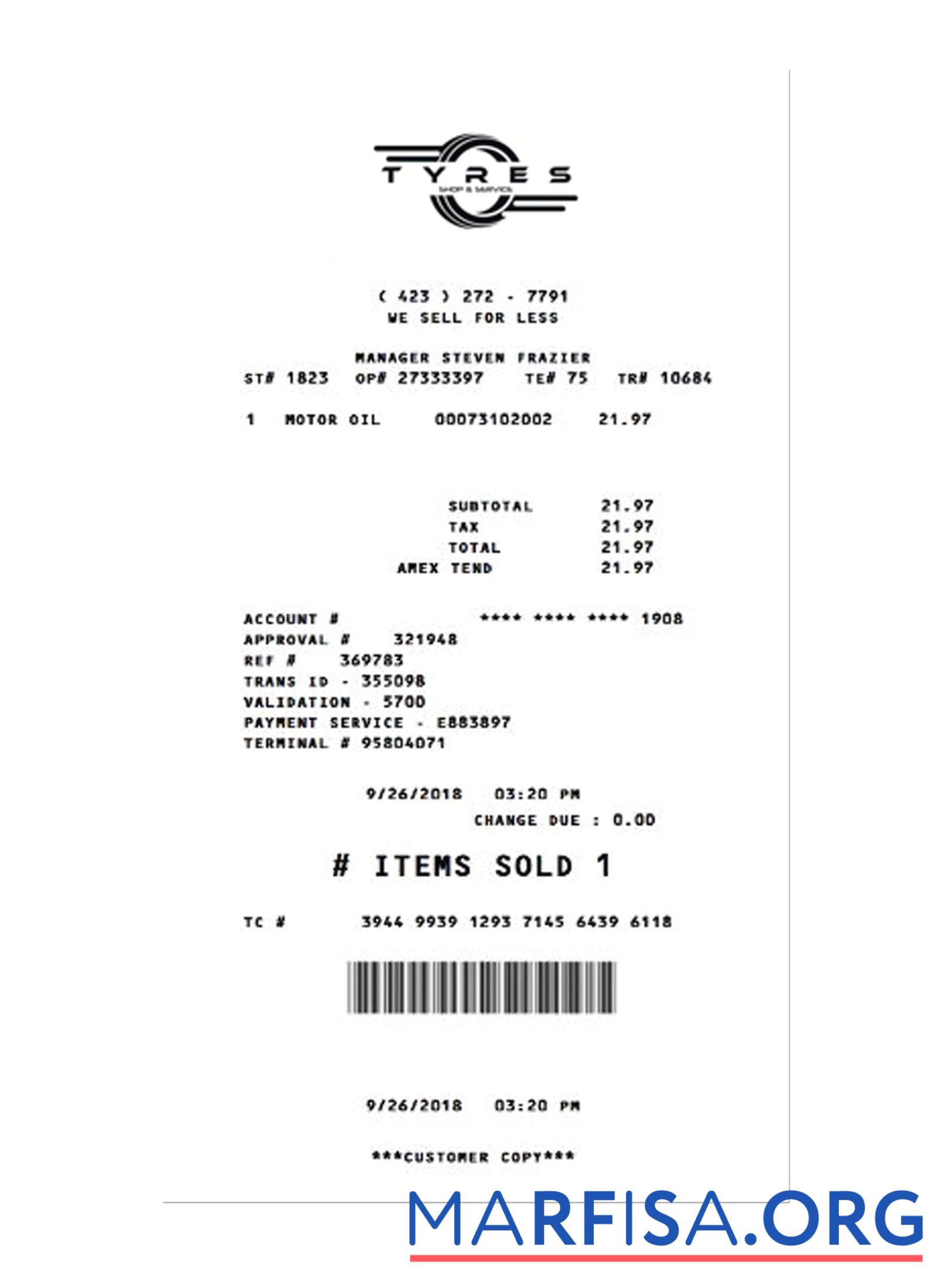 Realistic TYRES SHOP payment receipt sample